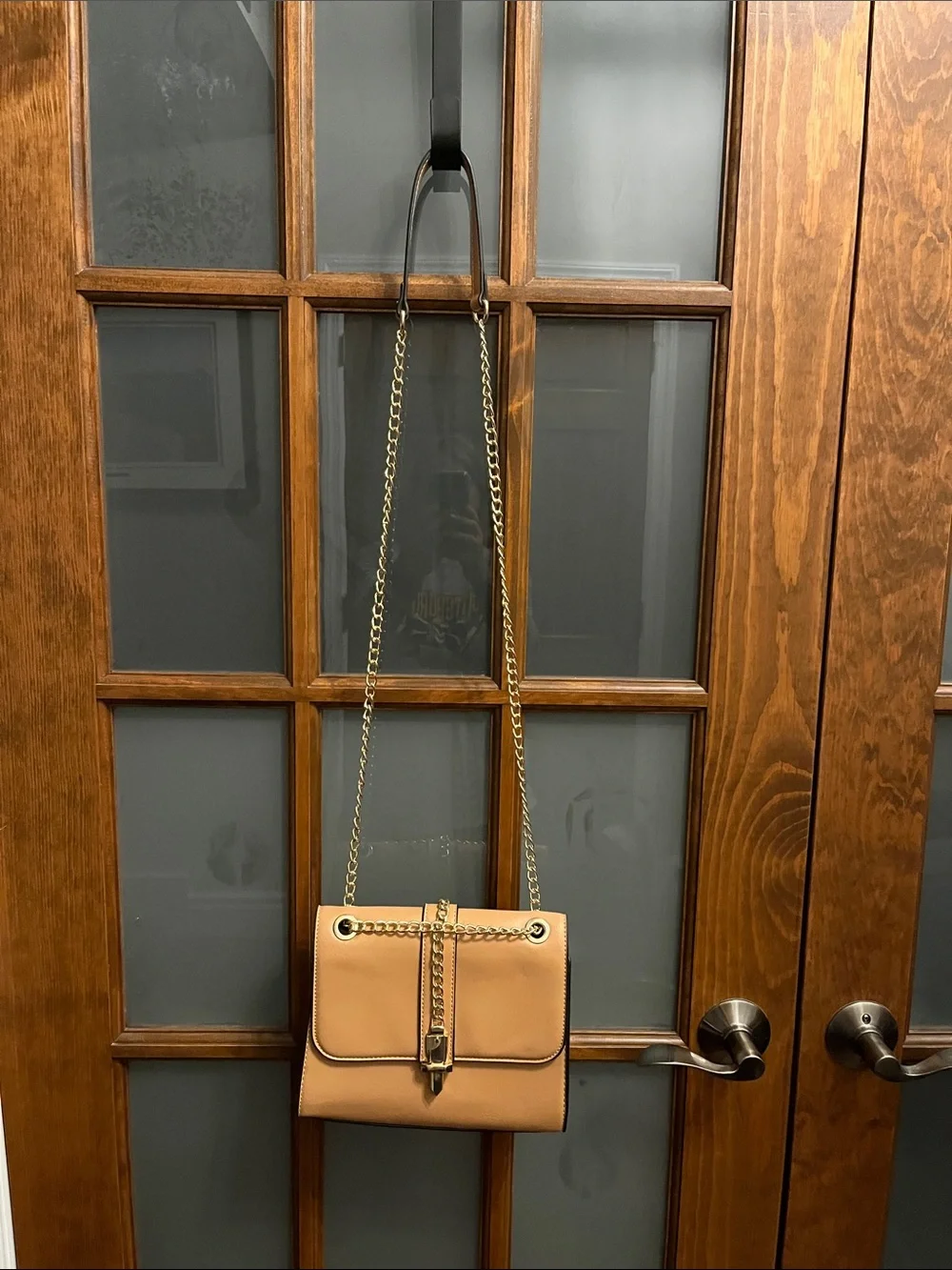 Neutral Tan Chain Crossbody Bag with Gold Hardware
